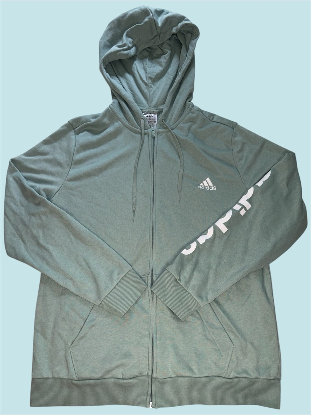 Adidas Turquoise Full Zip Hoodie Jacket with White Sleeve Lettering